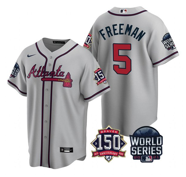 Men's Atlanta Braves #5 Freddie Freeman 2021 Gray World Series With 150th Anniversary Patch Cool Base Stitched Jersey